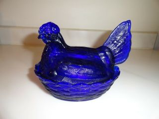 Lg Wright Cobalt Blue Glass Covered Hen On A Nest Chicken In A Basket Dish