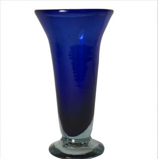 Bud Vase Cobalt Blue Hand Blown Thick Glass With Clear Base Bubbles Vintage 8”