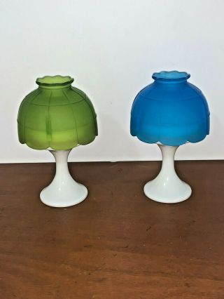 2 Vintage Westmoreland Fairy Lamps Mini Candle Holder Blue,  Green & Milk Glass