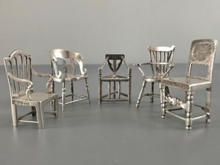 5 Antique Sterling Silver Miniature Chairs / Doll House / Barker Bros Hallmarked