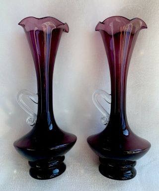 2 Vintage Fenton Amethyst Glass Bud Base W/ Fancy Glass Handle 8  Tall