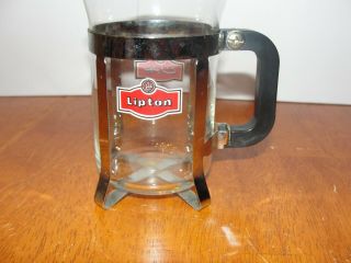 Vintage Clear Glass W/ Chrome Metal Holder - Lipton Tea Coffee Mug Jug Pitcher