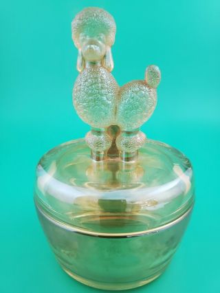 Vintage Jeannette Marigold Depression Glass Vanity Powder Jar Dish Poodle On Lid