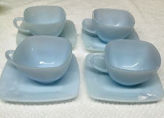 Set Of Four (4) Vintage Fire King Blue Azurite Charm Square Cup And Saucers