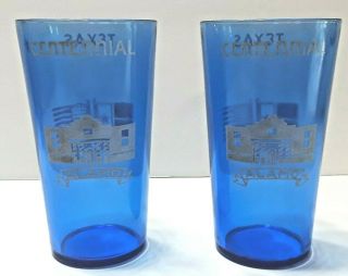 2 Vintage 1936 Cobalt Blue Glass 12 Oz Tumblers Texas Alamo Centennial