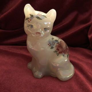 Fenton White Glass Hand Painted And Signed Cat Figurine