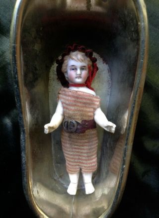 Quality Antique German Bisque Frozen Charlotte Bathing Doll Tin Bath Miniature
