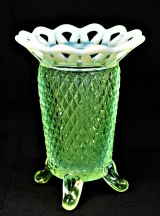 Vintage Imperial Lace Edge Green Vaseline Opalescent Glass Footed Hobnail Vase