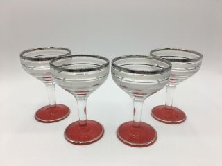 Set Of 4 Vintage Mid - Century Modern Cocktail Glasses W Silver Band Red Foot