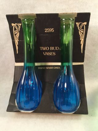 Vintage Jeannette Green & Blue Depression Glass Bud Vases Set Of 2