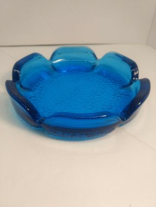 Blenko Art Glass Ashtray Trinket Dish Bowl Aqua Turquoise Blue Flower 6 Inch Euc