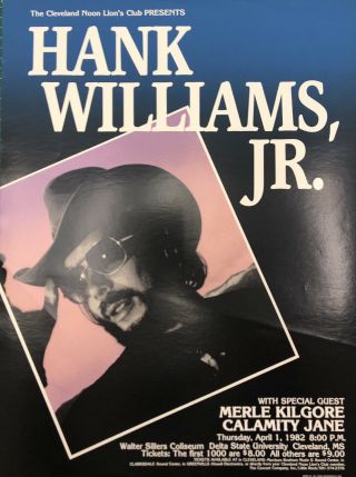 Hank Williams Jr Bocephus Vintage Concert Poster Cleveland Ms 1982 Delta State