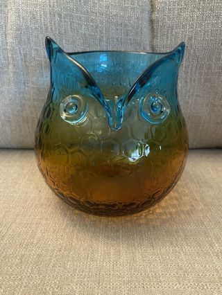 Glass Owl Vase Pitcher Bowl Dish Amber & Blue 6” Tall.