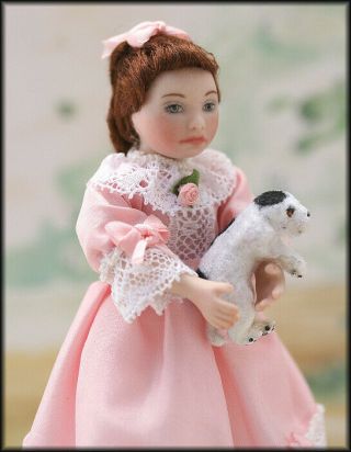 1:12th Scale Dollhouse Miniatures Igma Artisan Porcelain Girl Doll With Dog