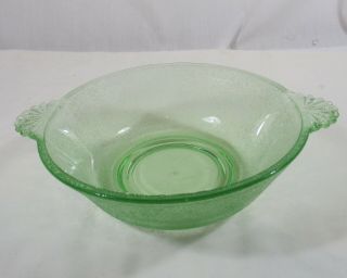 Vintage Green Depression Glass Crown Crystal Bowl Frosted Pattern Fan Handles