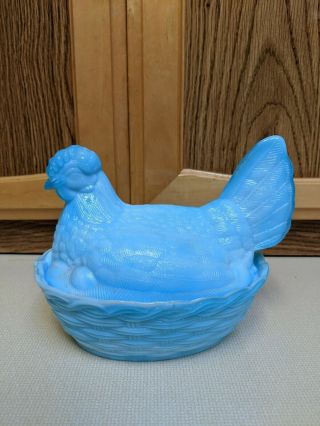 Vintage Blue Fenton Hen On The Nest Hon Dish