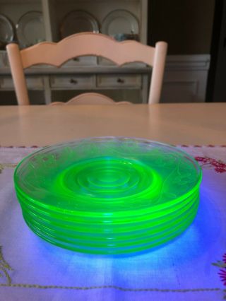 Vintage Green Uranium Glass With Etched Flowers 6 " Plates,  Set Of 6