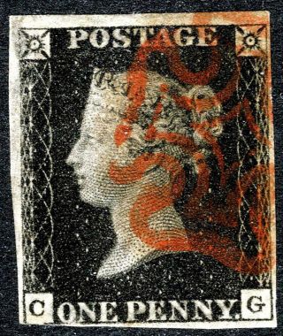 One Penny Black 1d From Plate 10 " Cg " Cancelled With Scarce Red Maltese Cross