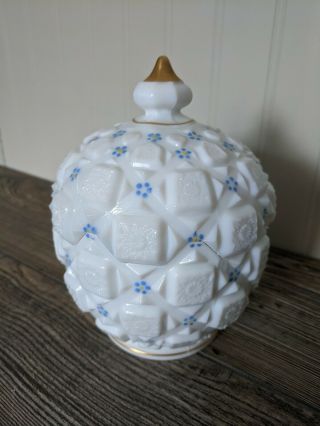 Vintage Milk Glass Quilt Pattern Candy Dish W/ Lid Hand Painted