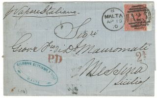 1870 Gb Qv 4d Surface Printed On Cover Malta To Messina A25 Abroad