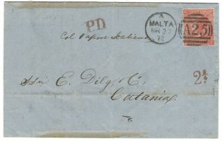 1874 Gb Qv 4d Surface Printed On Cover Malta To Catania A25 Abroad