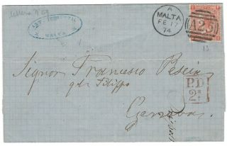 1874 Gb Qv 4d Surface Printed On Cover Malta To Genoa A25 Abroad