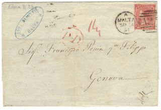 1864 Gb Qv 4d Surface Printed On Cover Malta To Genoa A25 Abroad