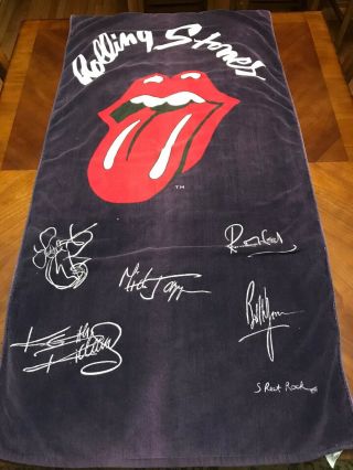 Vintage Rolling Stones Tongue W/ Facsimile Autographs Beach Towel App.  28 X 54.  5