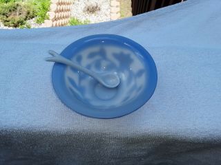 Peking Chinese Blue Cameo Glass Bowl with Spoon 2
