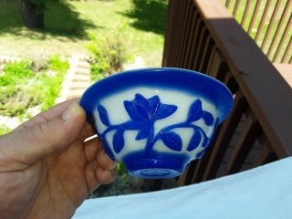 Peking Chinese Blue Cameo Glass Bowl with Spoon 3