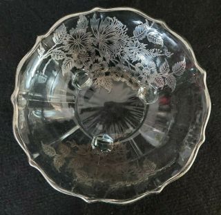 Vintage Clear Glass Footed Bowl Candy Dish Plate Silver Overlay Trim Flowers