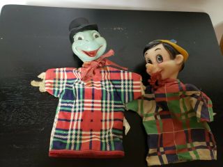 Vintage Walt Disney Pinocchio & Jimminy Cricket Hand Puppets Old