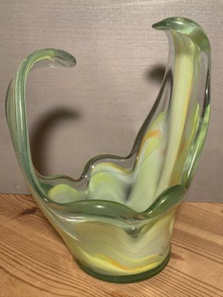 Mid - Century Modern Blown Glass Clear Neon Yellow Orange Vase Dish
