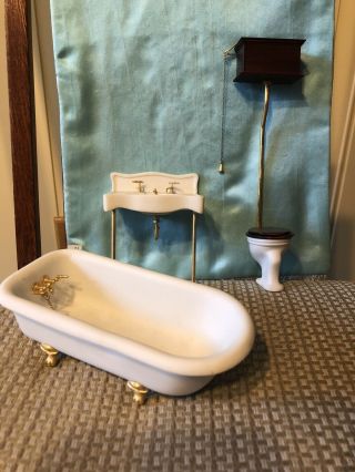 Dollhouse Miniature Artisan Fw Koch Hand Made Porcelain Tub Sink Toilet Bathroom