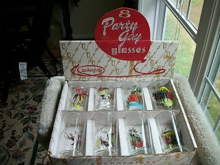 Collectible Vintage Box Of 8 Anchorglass Gay Nineties Party Glasses W/ Box