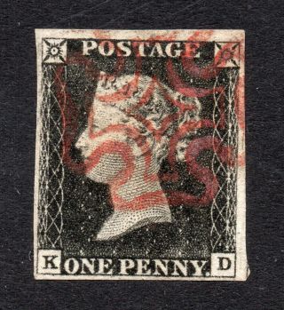 1840 Penny Black Sg 2 Plate 4 (k D) 1d Black With Red Maltese Cross Pmk.