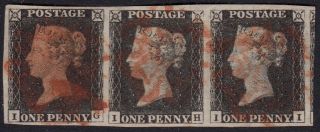 [uh_01] 1840 Penny Black - Plate 1b Strip Of 3 - Full Margins No Fault