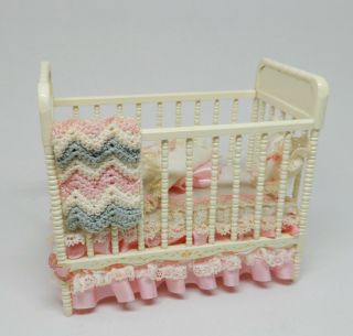 Vintage Artisan Dressed Bespaq Baby Crib Dollhouse Miniature 1:12