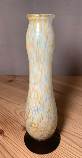 Mid - Century Modern Blown Glass Orange Blue Splatter 7.  25 " Bud Vase Made In Japan