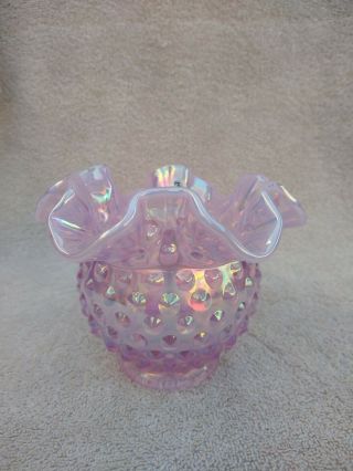 Fenton Hobnail Opalescent Vase Pink Purple With Label Ruffled 4 "