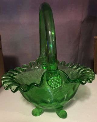 Fenton Glass Footed Green Basket Ruffled Edge Diamond Optic 8 X 6 X 7