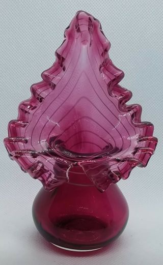 Vintage Fenton Art Glass Cranberry Jack In The Pulpit Vase With White Trim 5”