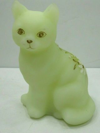 Fenton Hand Painted Cat Figurine Custard Satin Yellow Vintage