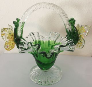 Vintage Art Glass Basket With Butterflies On The Handle Sides Green To Clear