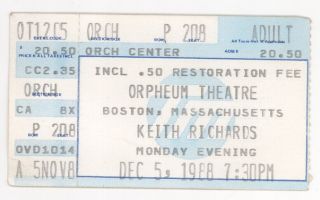 Mega Rare Keith Richards 12/5/88 Boston Orpheum Ticket Stub The Rolling Stones