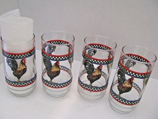 4 Vintage Ella ' s Rooster 14 oz.  Tumblers Glasses by International 5 5/8 in tall 2