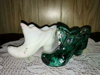 Vintage Fenton 2 Glass Shoes Slippers Signed Hand Painted Burmese & Green
