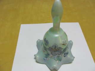 Vintage " Fenton " Hand Painted Sea Green Iridescent,  Crimped Bell,  Signed