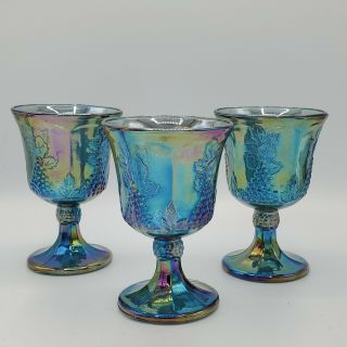 Set Of 3 Vintage Indiana Carnival Glass Iridescent Blue Harvest Grape Goblets