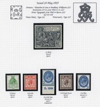 Gb Kgv 1929 £1 Puc Fine Hinged,  Low Values Mnh Sg 434/438 Cat £813